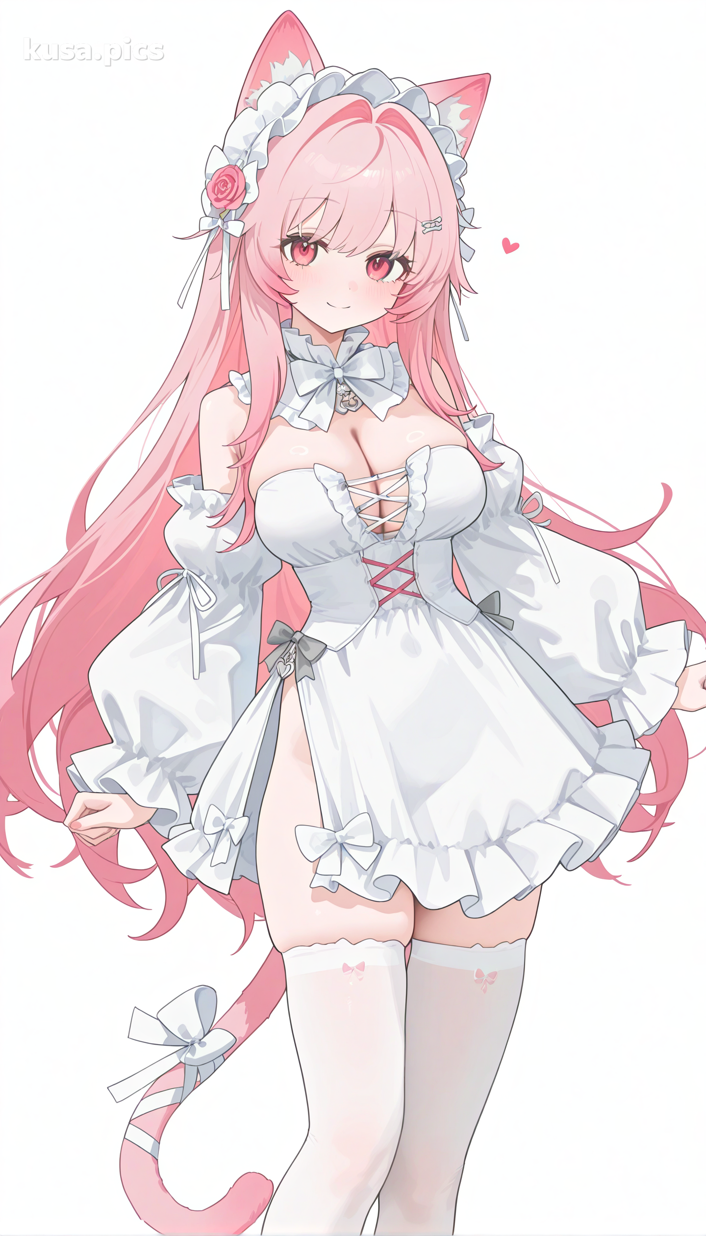 Pink anime cat girl character in white maid outfit with pink ribbons, red eyes, and a magical wand - Example OC design from KusArt