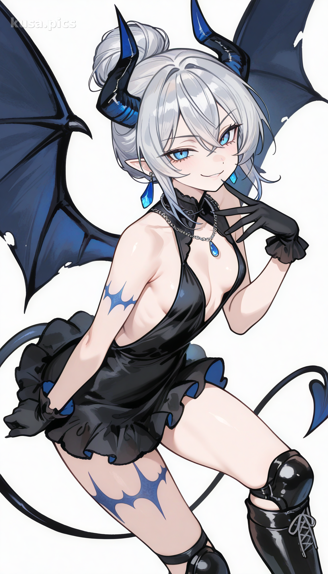 Demonic rebel girl with silver hair, blue eyes, demon horns and wings - anime OC character design variation 2