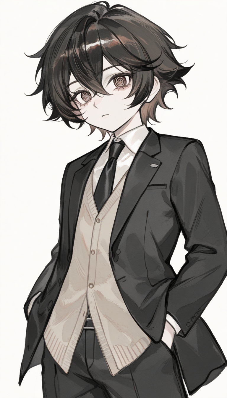 Mysterious hypnotist boy with spiral eyes and drill hair - anime OC character design variation 2