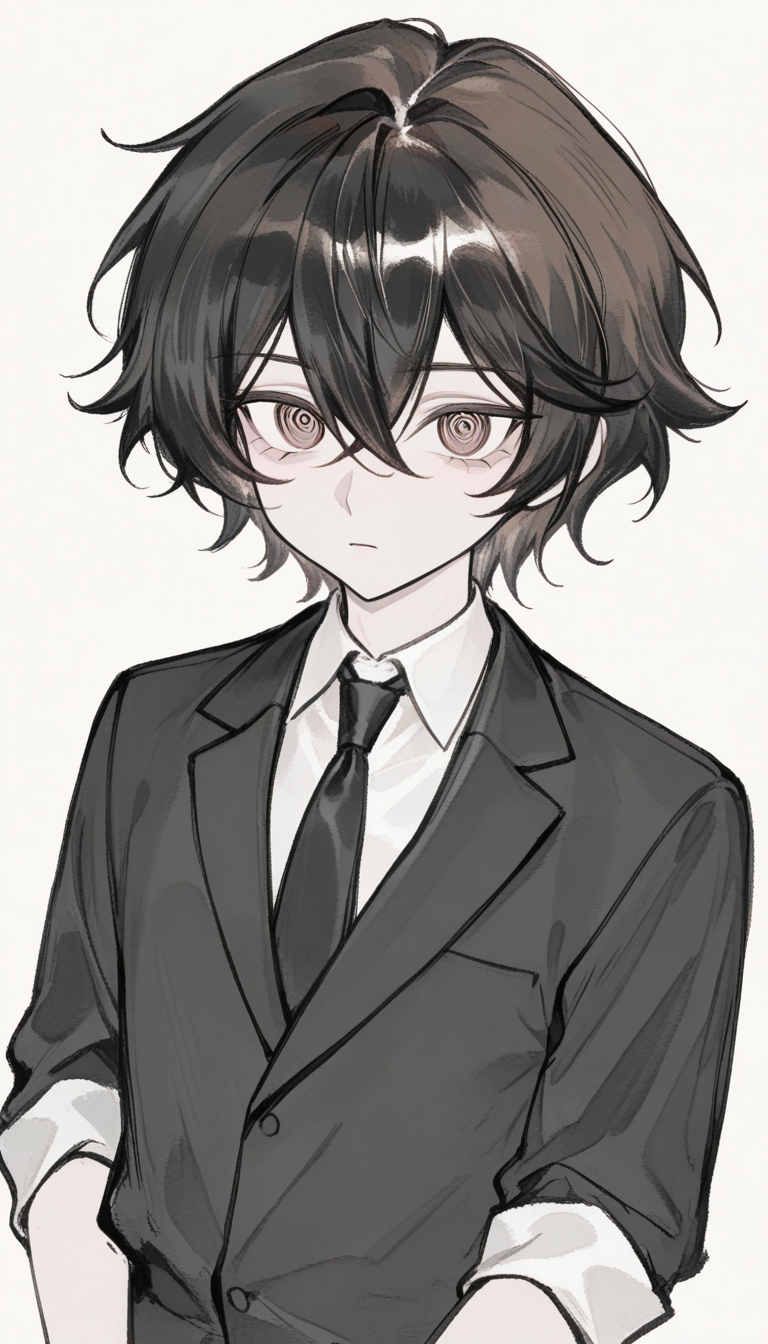 Mysterious hypnotist boy with spiral eyes and drill hair - anime OC character design variation 1