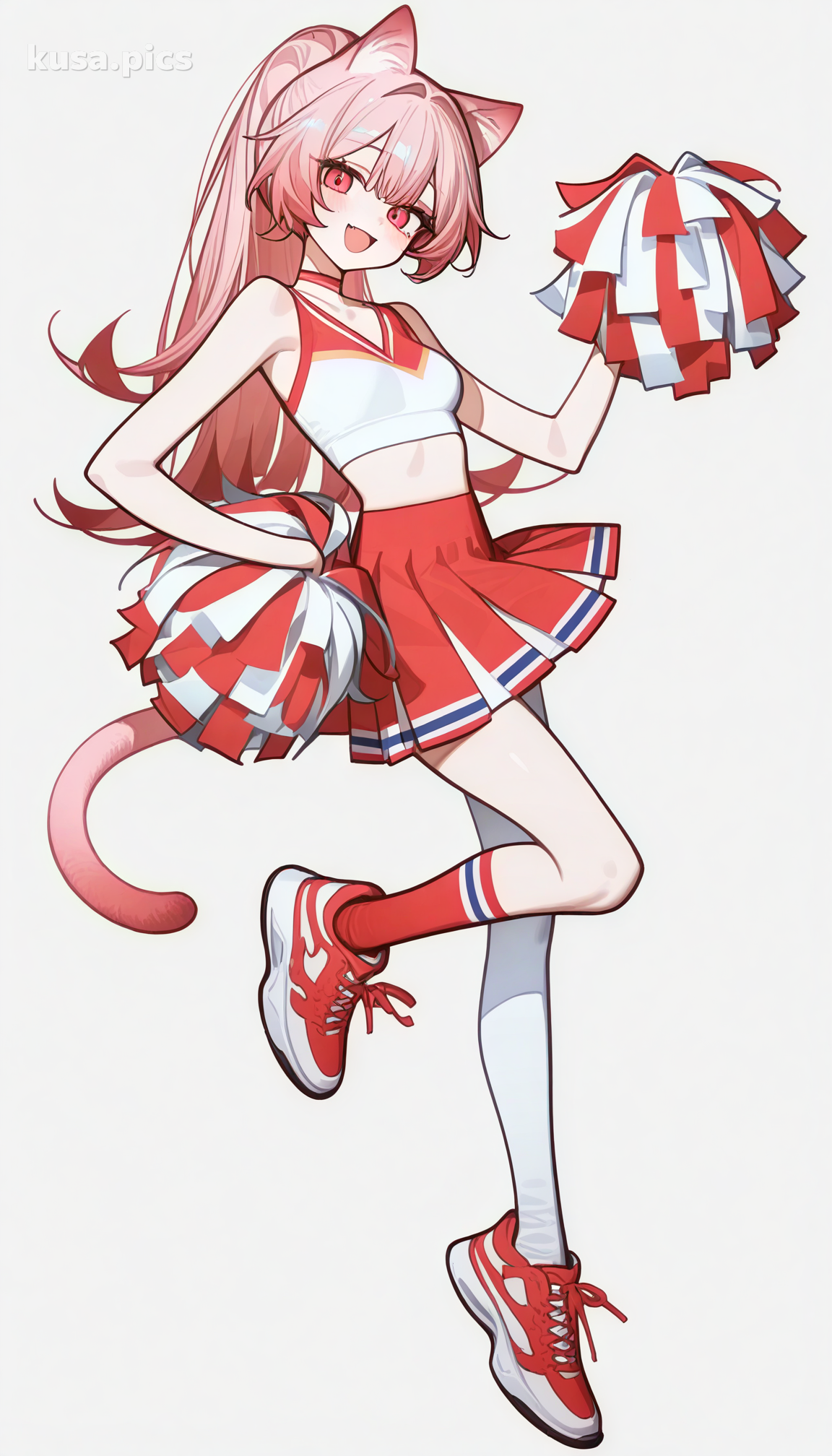 Cat girl cheerleader with pink hair, cat ears, and energetic pose - anime OC character design variation 1