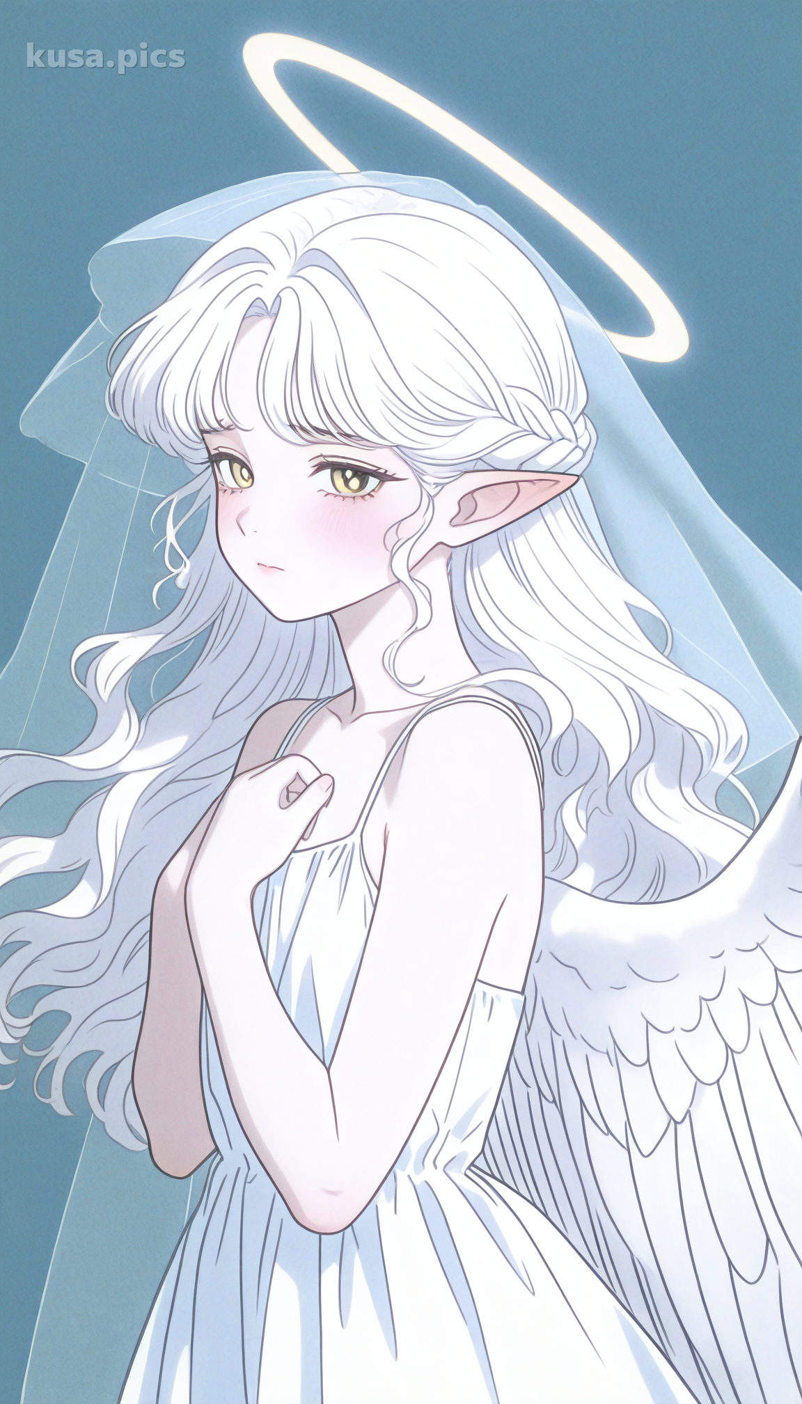 Melancholic angel girl with white hair, huge feathered wings, and sad expression - anime OC character design variation 2