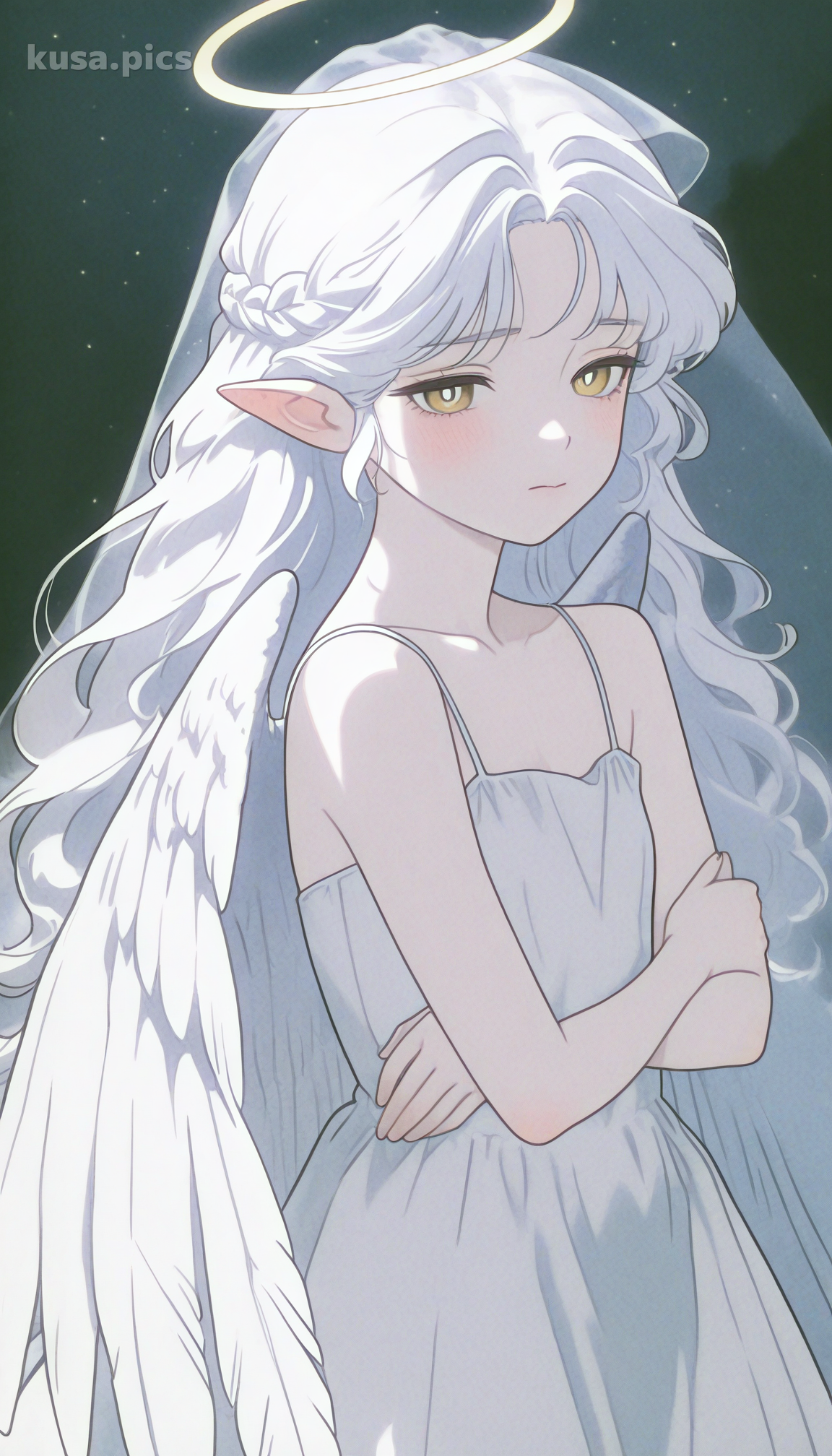 Melancholic angel girl with white hair, huge feathered wings, and sad expression - anime OC character design variation 1