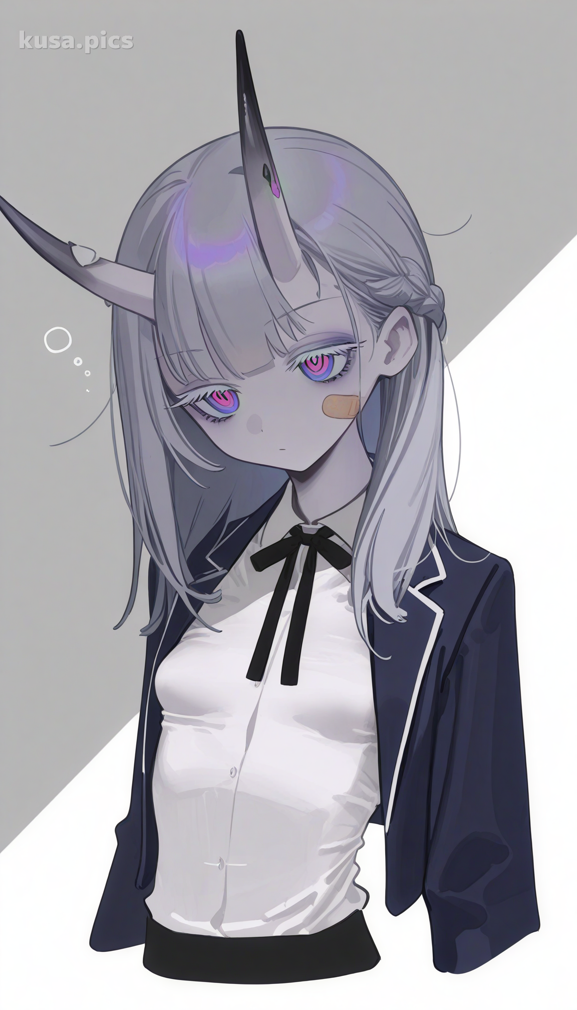 Zombie schoolgirl with grey skin, tattered uniform, and oni horns - anime OC character design variation 2