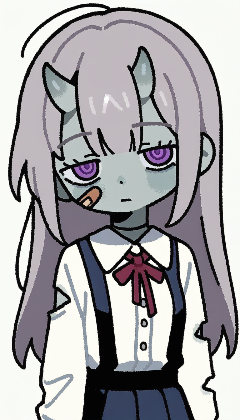 Zombie schoolgirl with grey skin, tattered uniform, and oni horns - anime OC character design variation 1