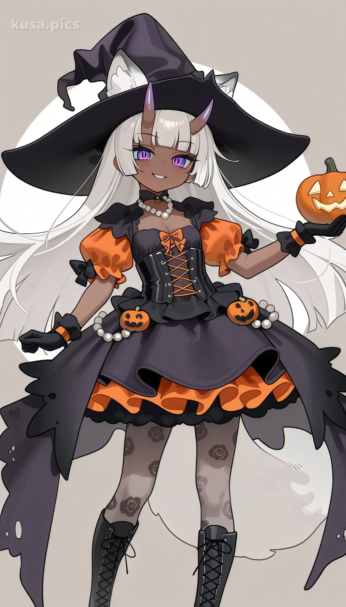 Gothic Halloween witch loli with fox ears, pumpkin decorations, and elaborate lolita dress - anime OC character design variation 2