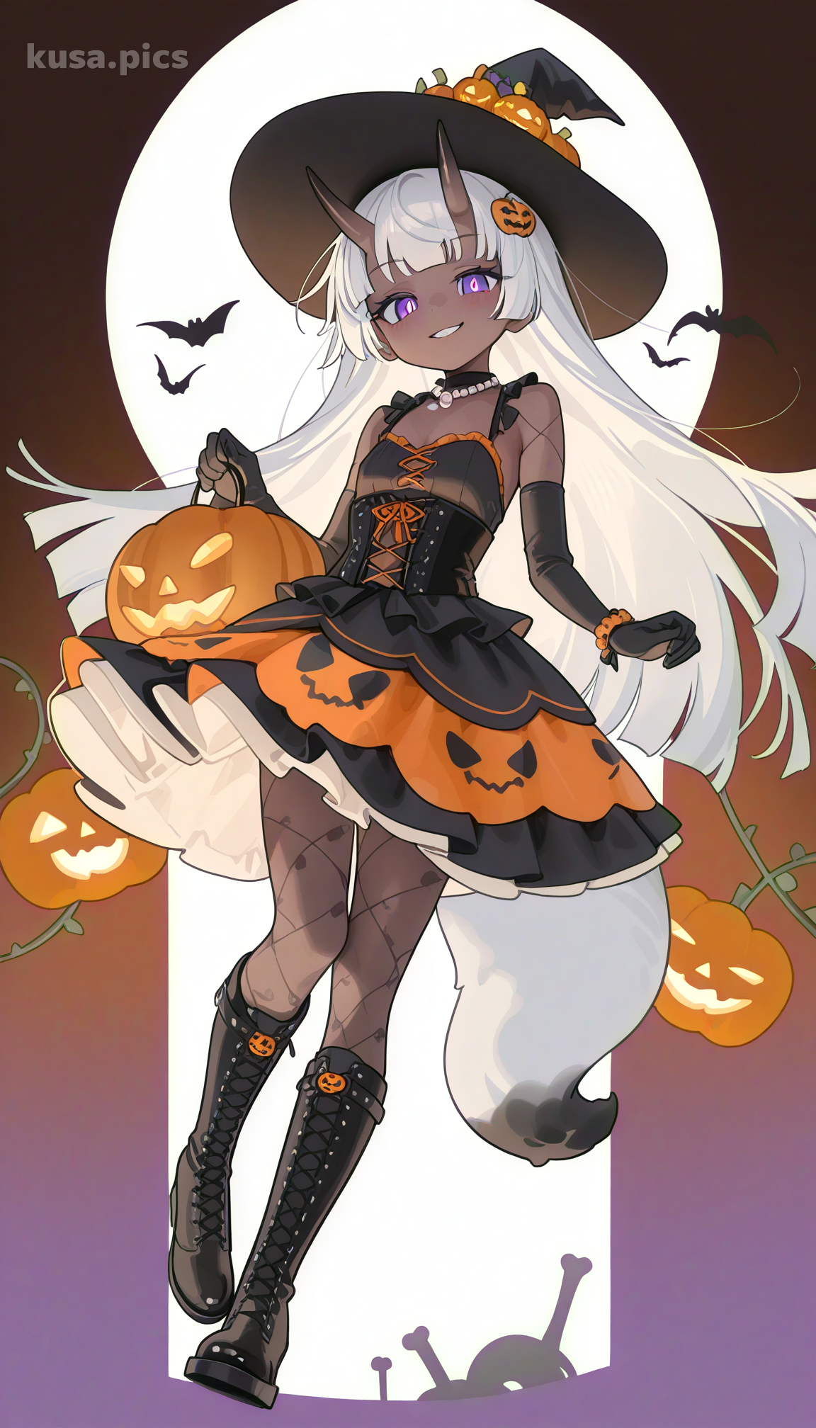 Gothic Halloween witch loli with fox ears, pumpkin decorations, and elaborate lolita dress - anime OC character design variation 1