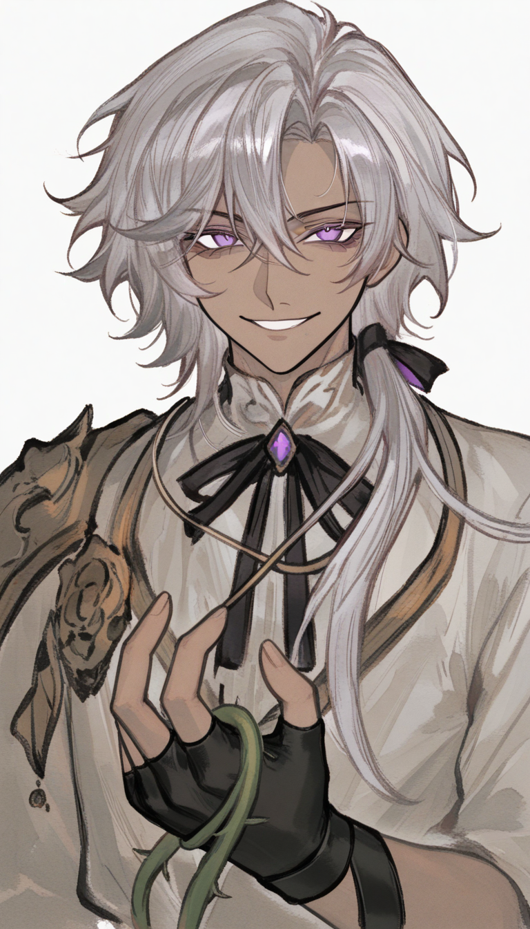 Nature-blessed young man with silver hair adorned with vines and purple eyes - anime OC character design variation 2
