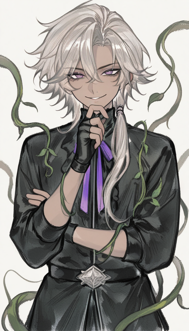 Nature-blessed young man with silver hair adorned with vines and purple eyes - anime OC character design variation 1
