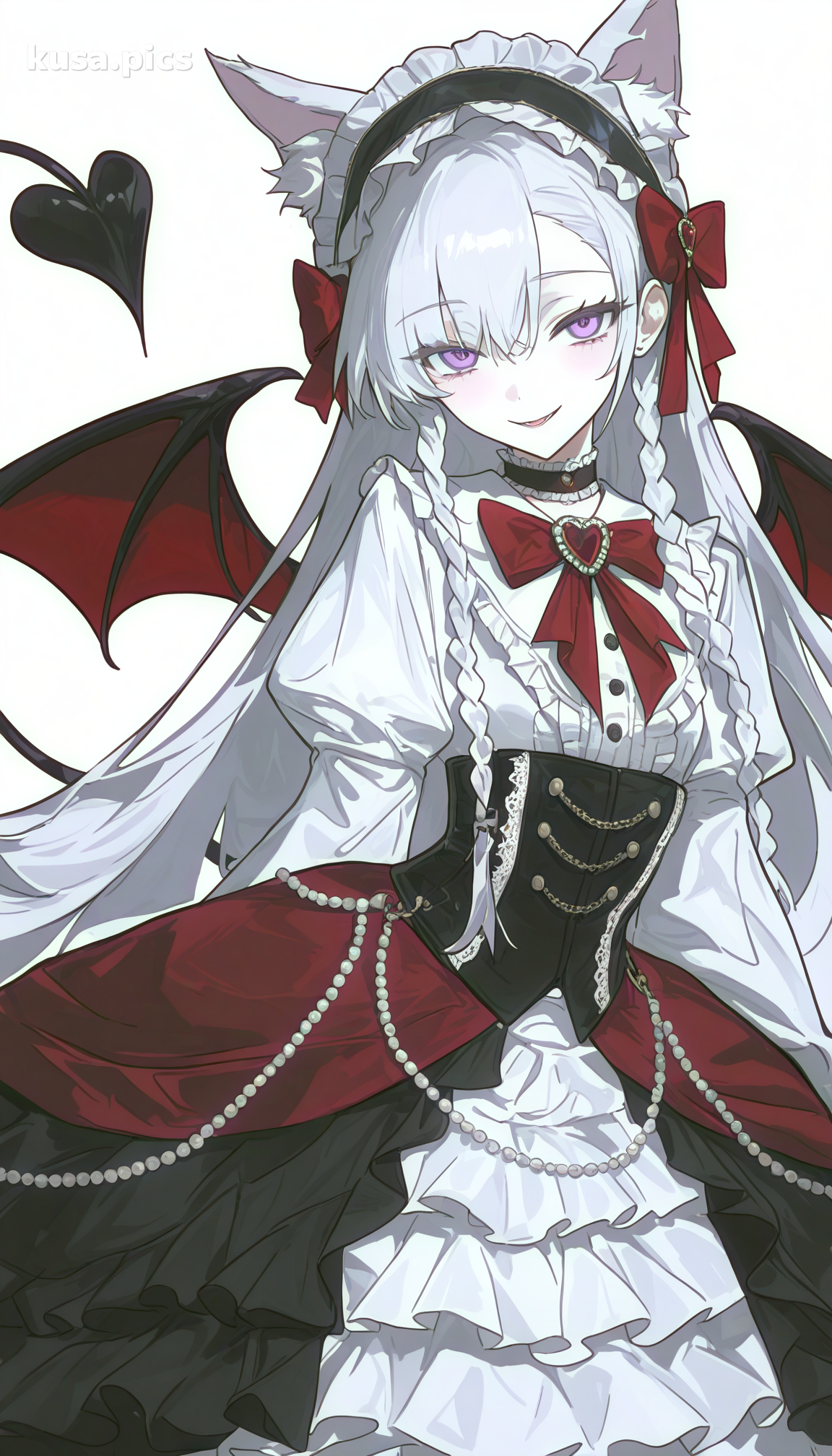 Kawaii vampire lolita with fox ears, white and red dress, heart-shaped tail - anime OC character design variation 2