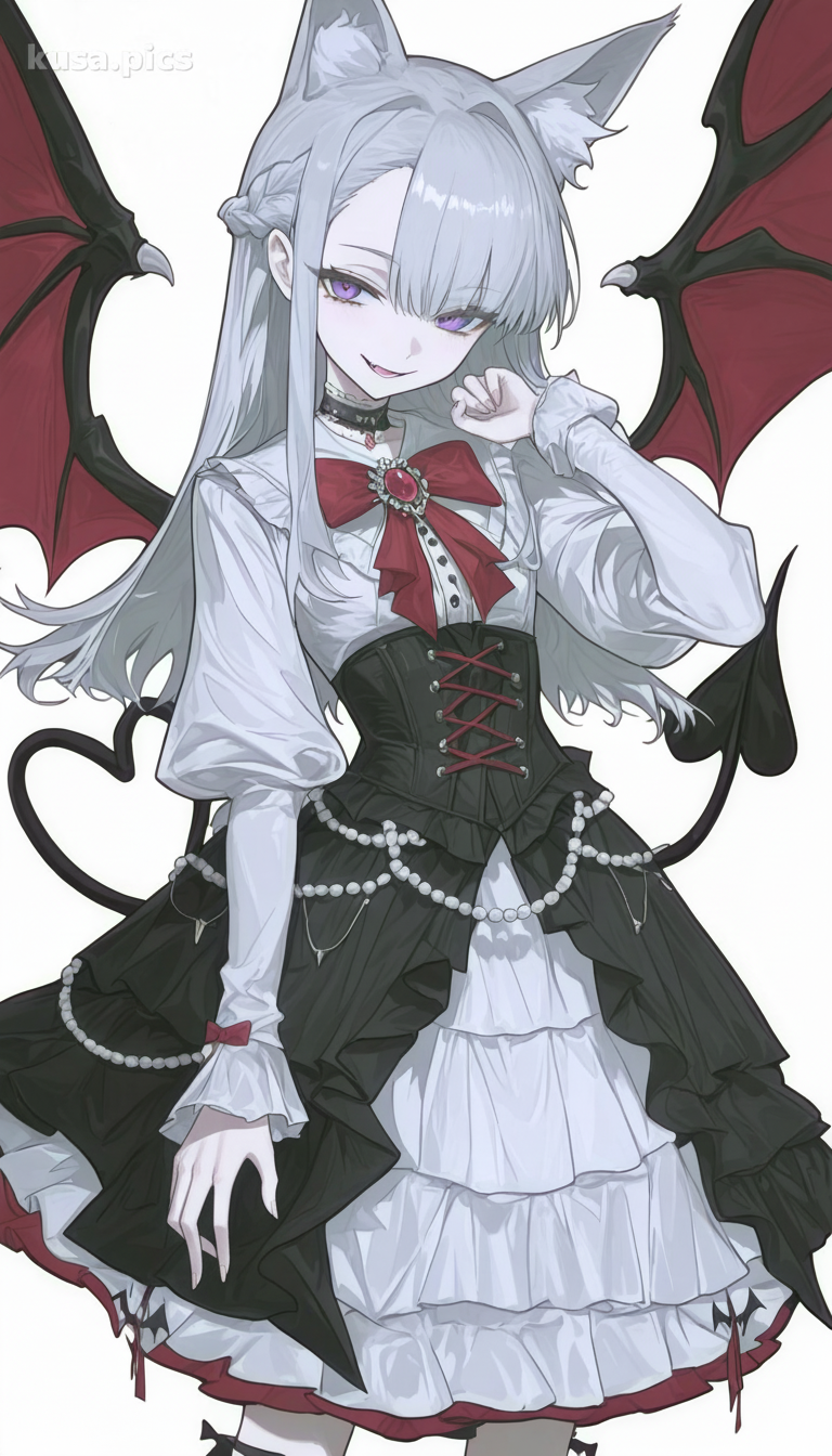 Kawaii vampire lolita with fox ears, white and red dress, heart-shaped tail - anime OC character design variation 1