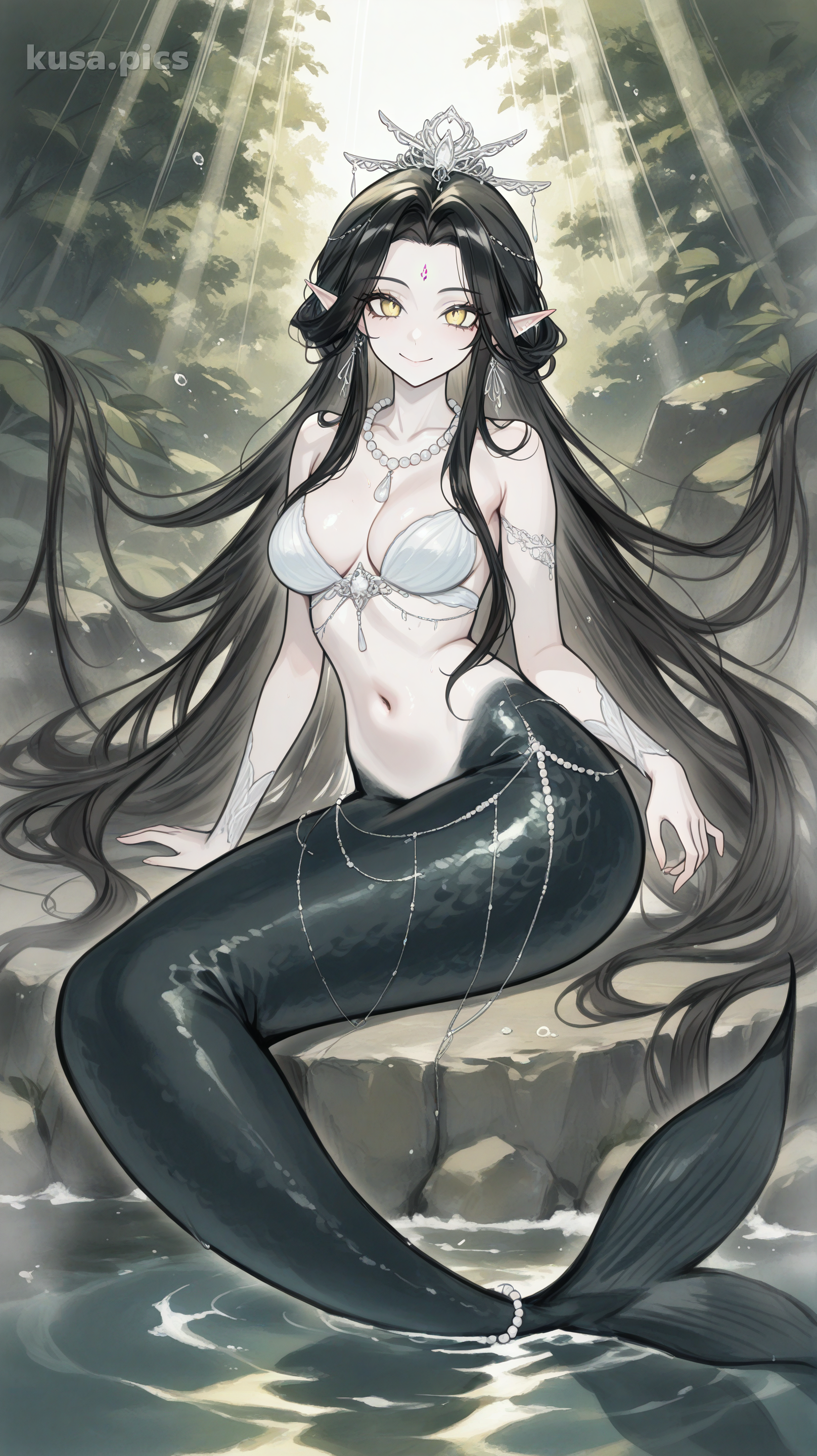 Elegant mermaid with black hair, yellow eyes, and pearl necklace in underwater setting - anime OC character design variation 2