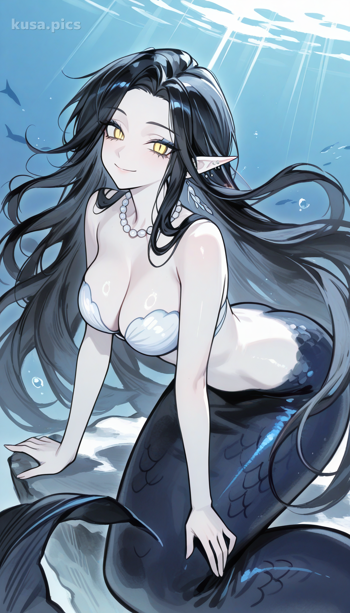Elegant mermaid with black hair, yellow eyes, and pearl necklace in underwater setting - anime OC character design variation 1