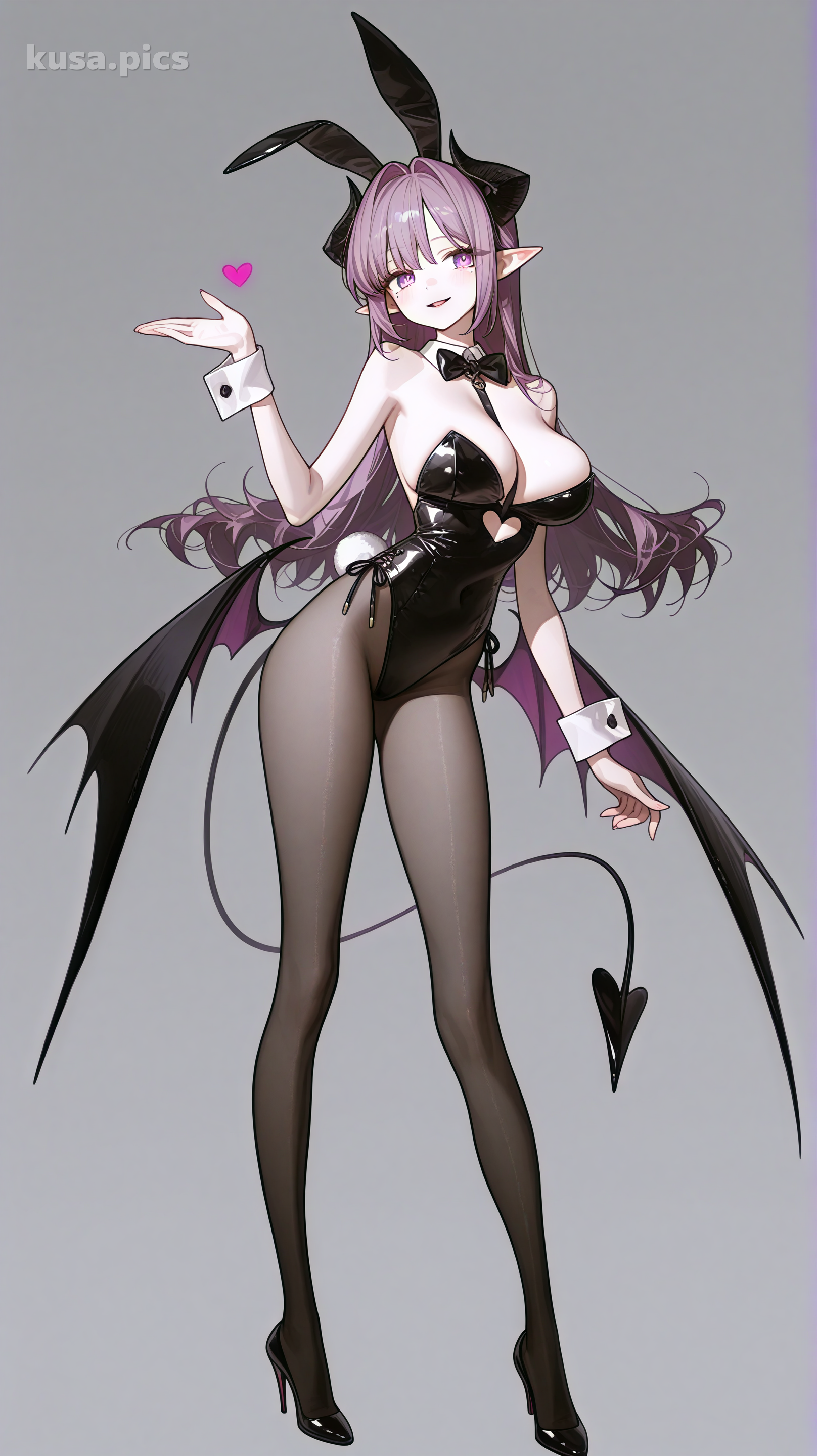 Demon bunny girl full body OC with purple hair, black leotard, and demon wings - Example 1 variation A