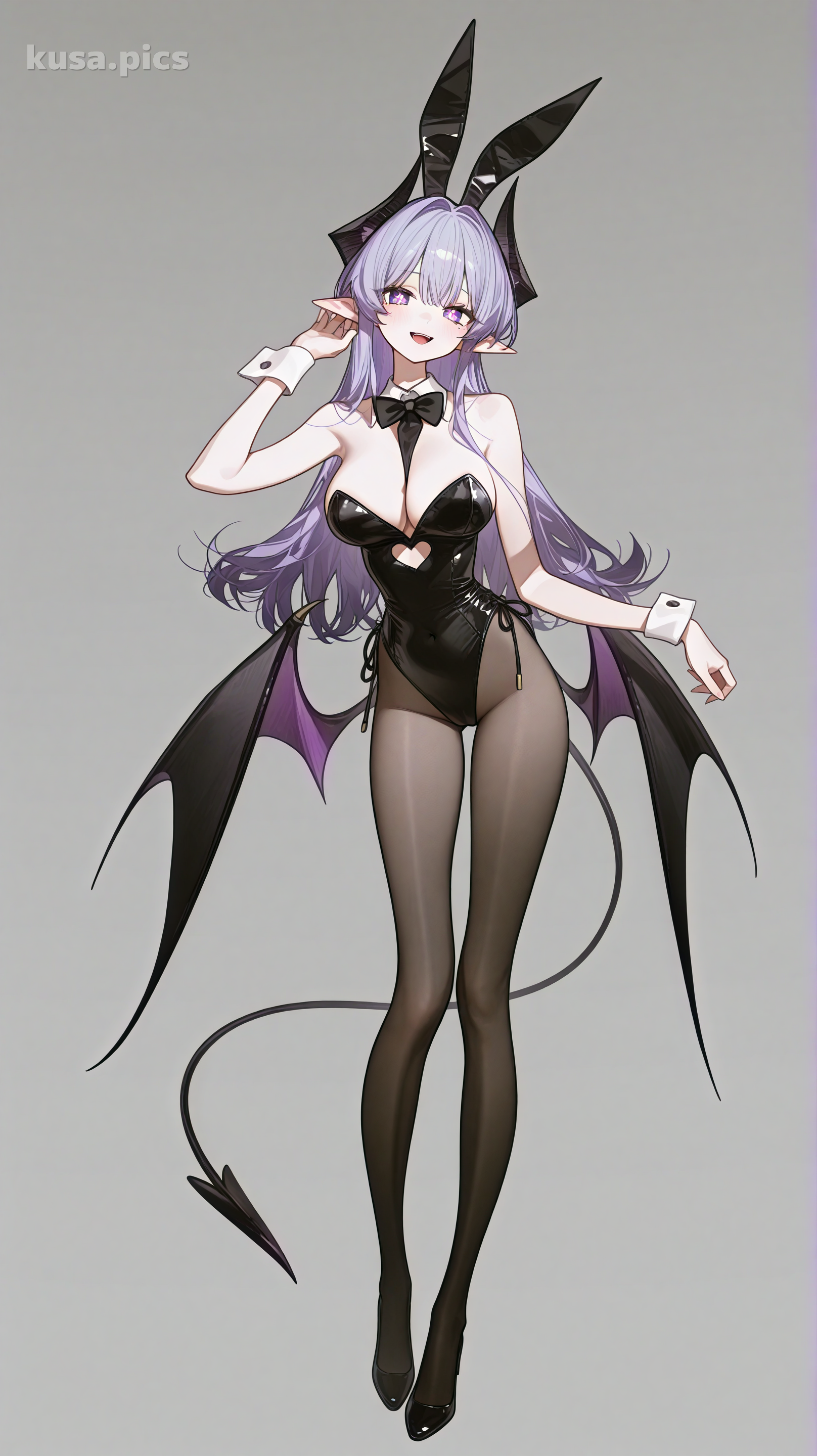 Demon bunny girl full body OC with purple hair, black leotard, and demon wings - Example 1 variation B