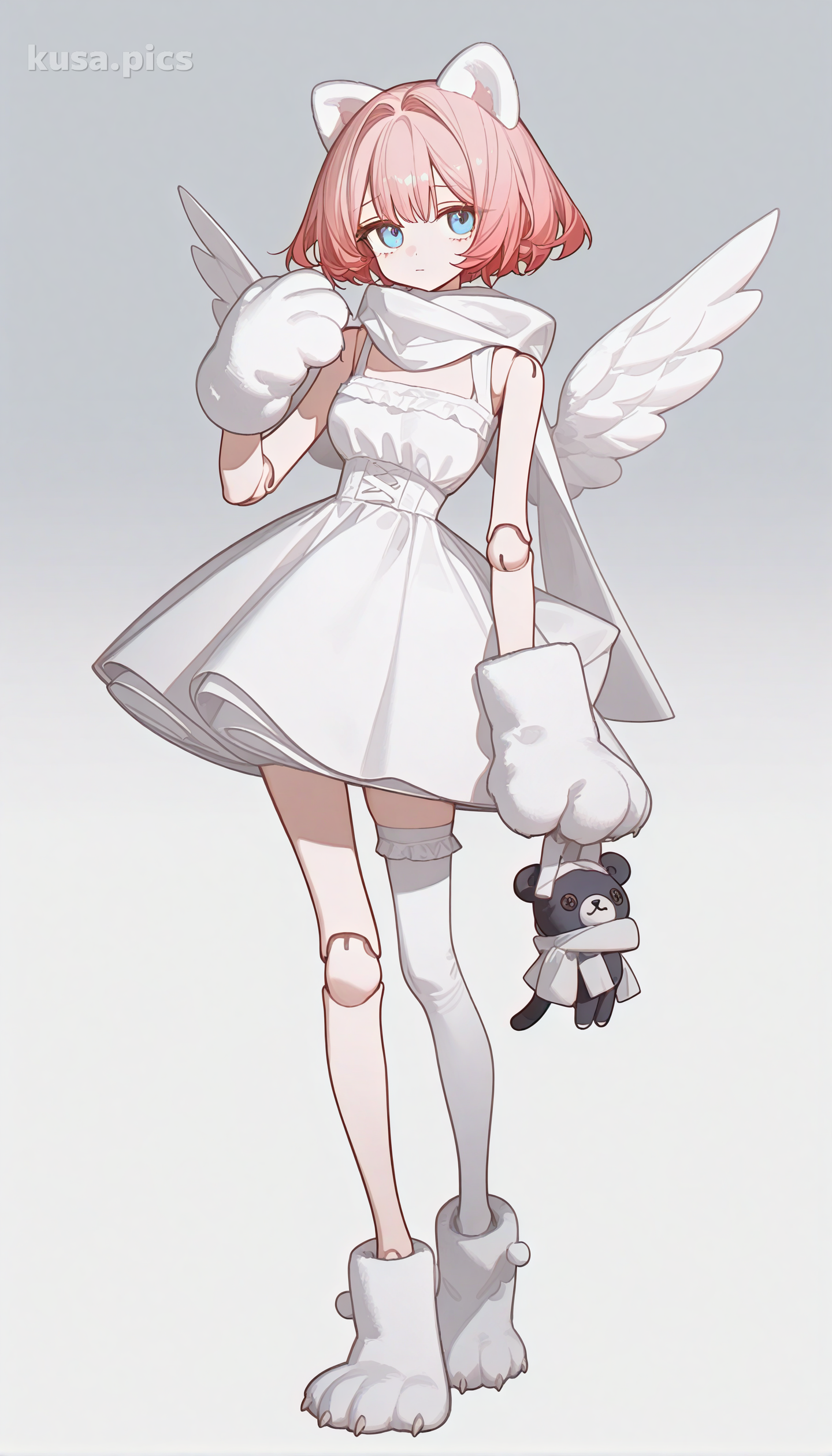 Angel girl with doll joints, white wings, and asymmetrical thigh-high - Example 2 variation A