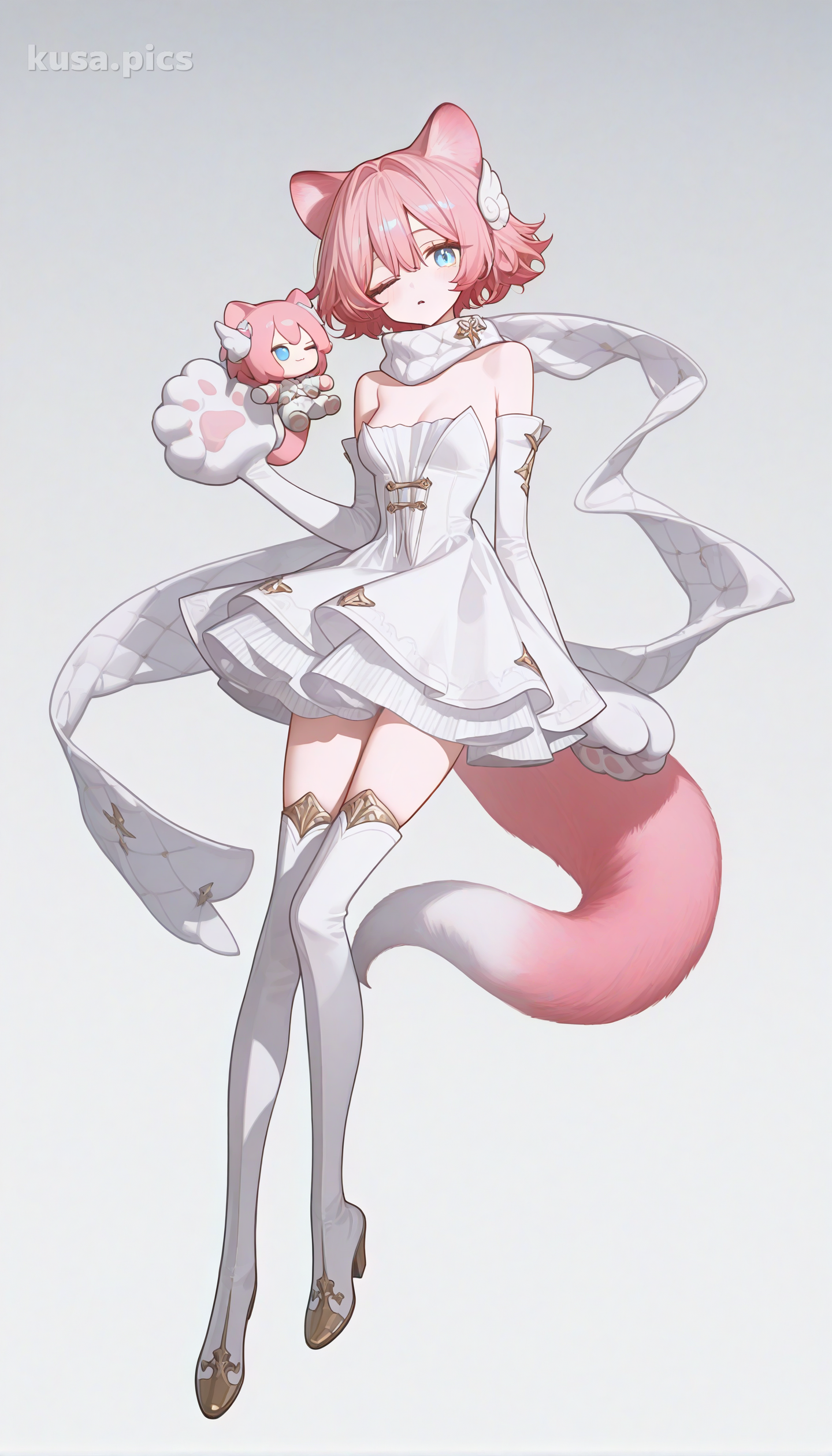Angel girl with doll joints, white wings, and asymmetrical thigh-high - Example 2 variation B