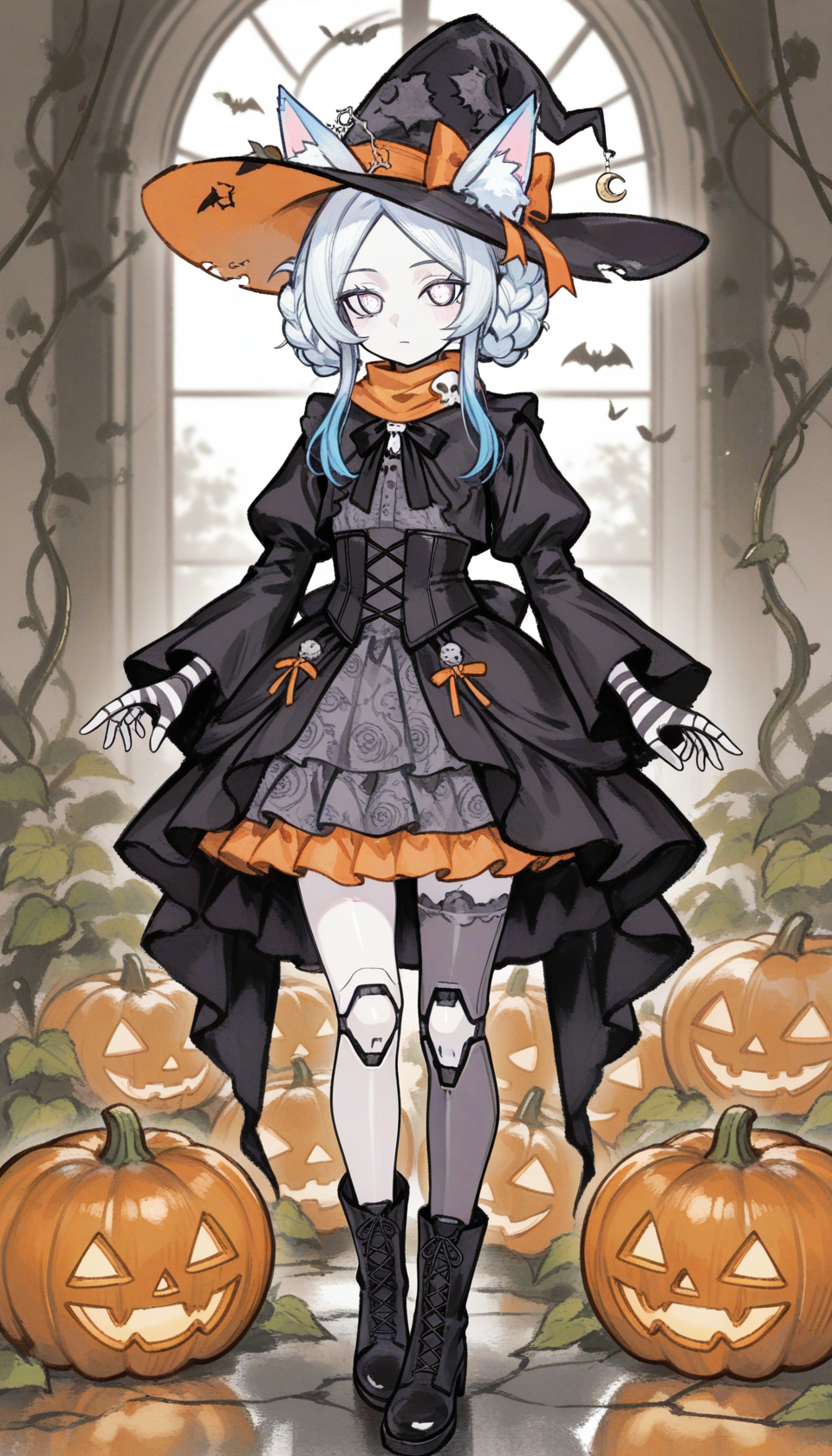 Halloween witch full body OC with gothic lolita dress, pumpkin decorations, and fox ears - Example 3 variation A