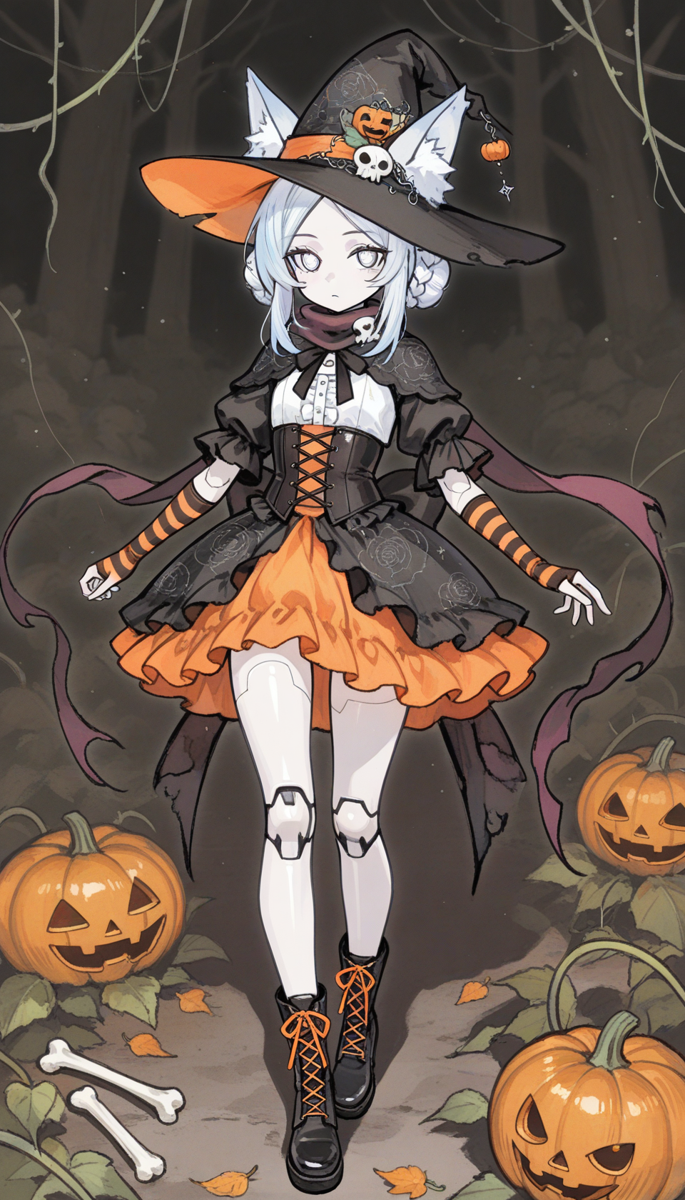 Halloween witch full body OC with gothic lolita dress, pumpkin decorations, and fox ears - Example 3 variation B