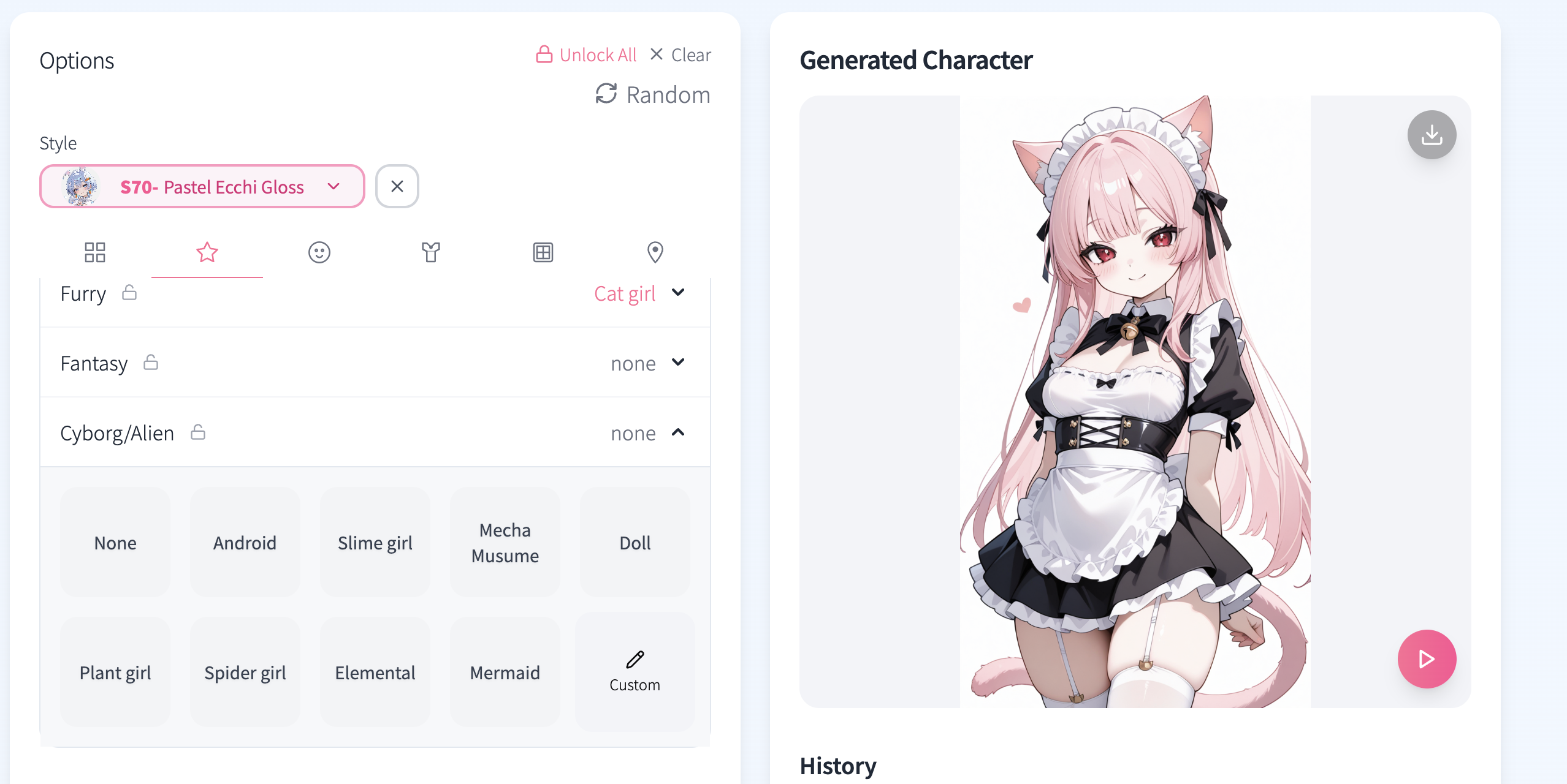 Interfaz de selección de estilo del generador de OC de KusArt mostrando diferentes estilos de arte de anime