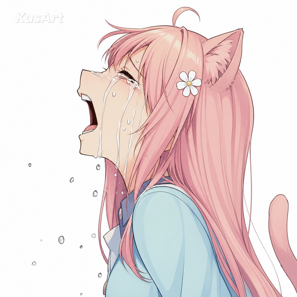 Anime girl crying meme remade with a pink-haired catgirl wailing dramatically