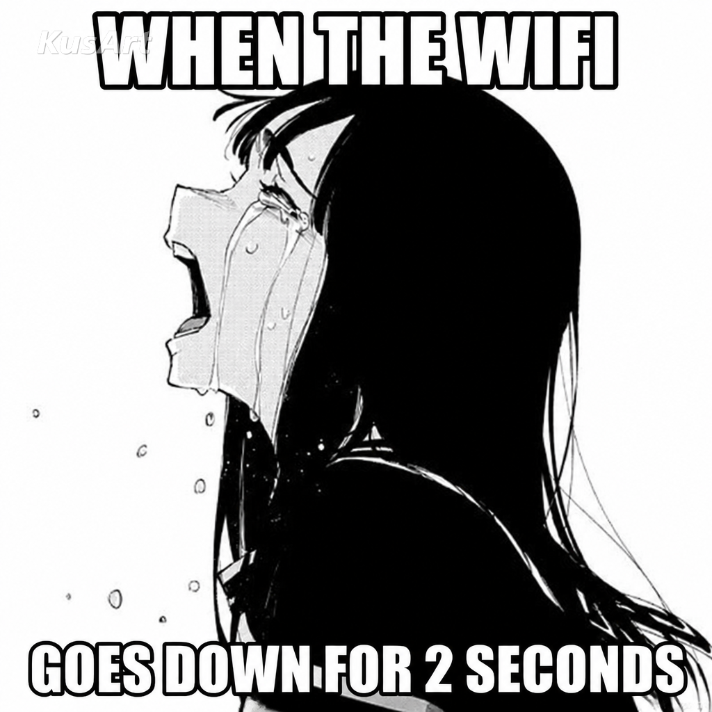 Anime girl crying meme captioned 'when the wifi / goes down for 2 seconds'