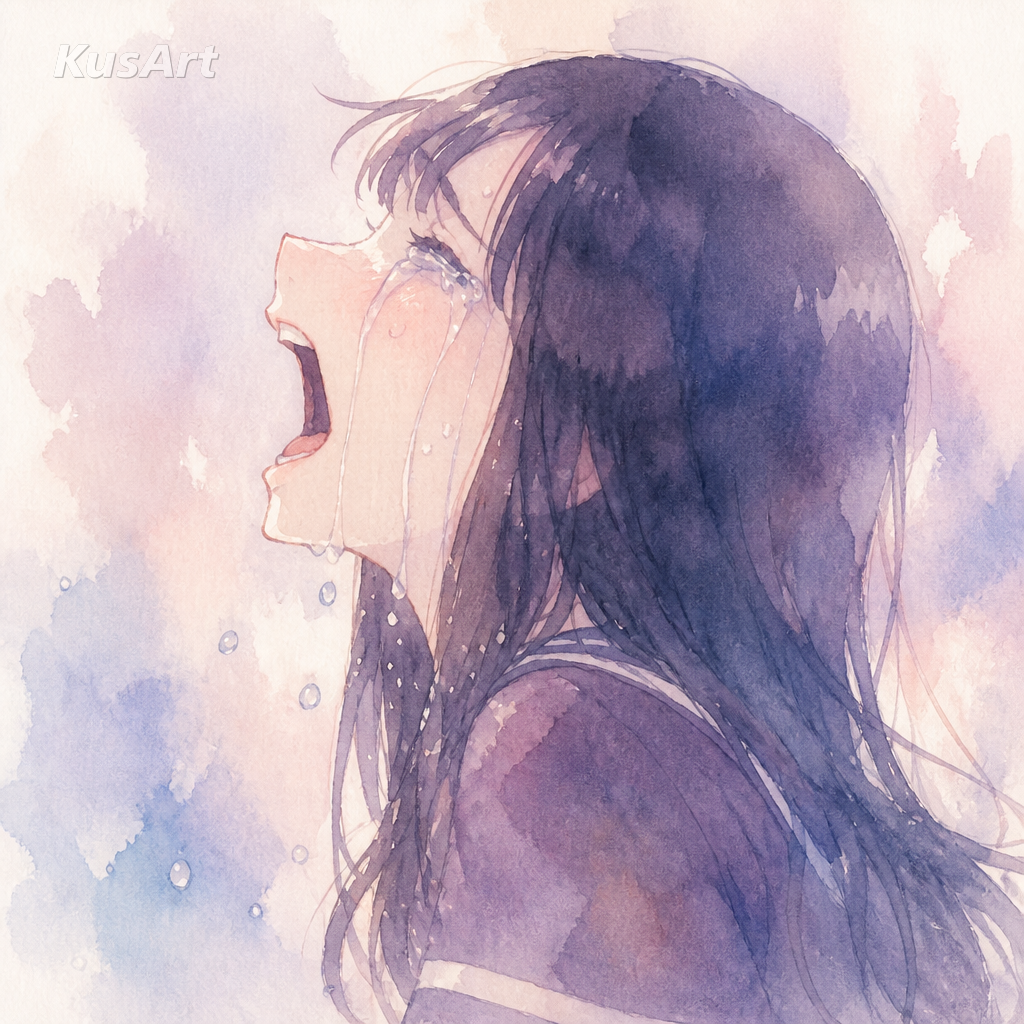 Anime girl crying meme restyled as a soft pastel watercolor painting