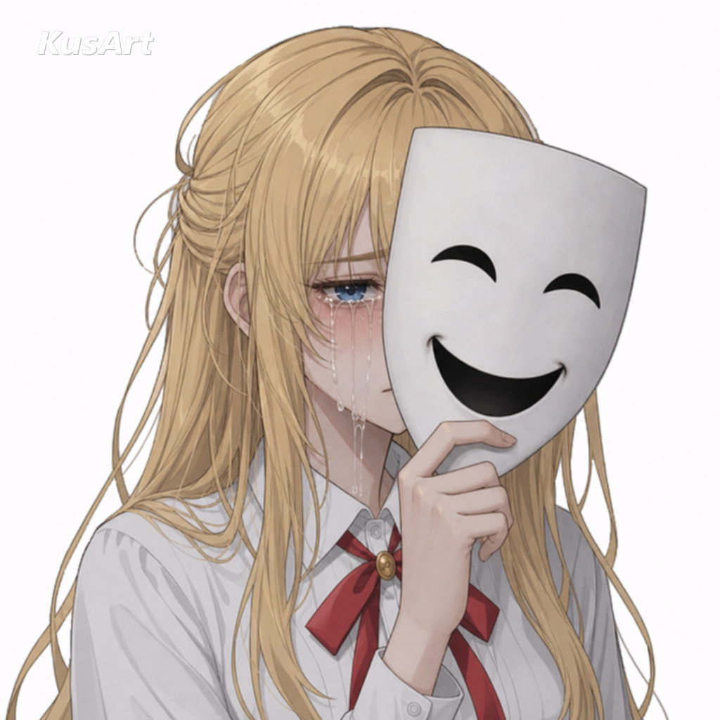애니 소녀가 웃는 가면을 들고 그 뒤에서 울어 다시 만든 가면 뒤에서 우는 밈