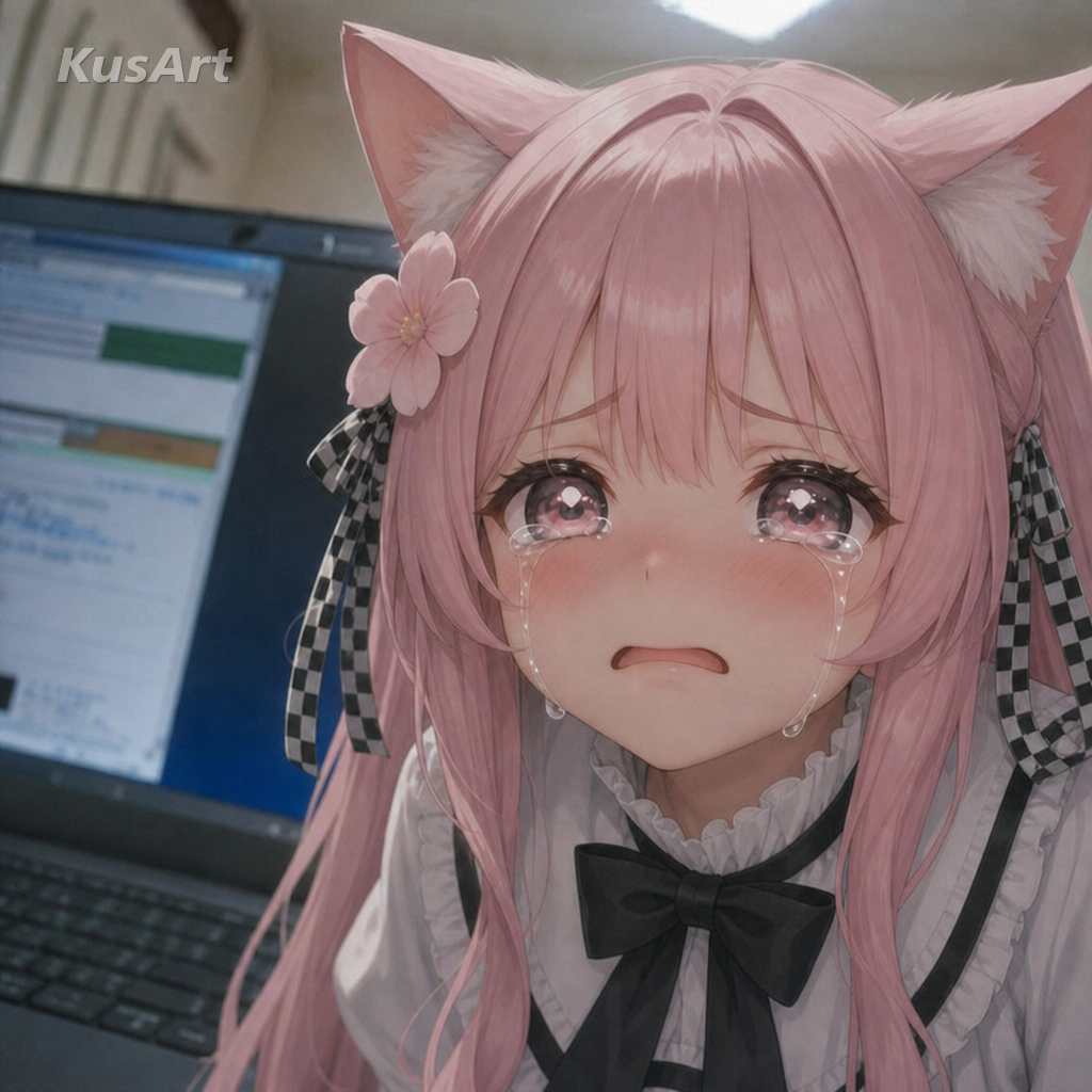 Meme do rosto chorando recriado com uma catgirl de anime na composição original do gato que chora