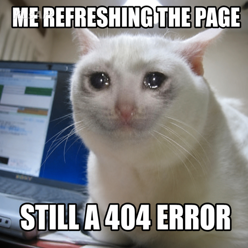 Meme do gato que chora legendado «eu atualizando a página / ainda dá erro 404»