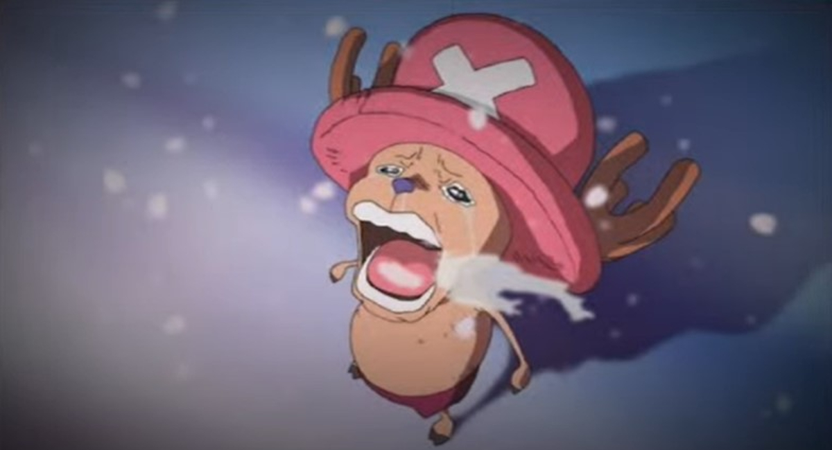 Personagem de anime chorando com a boca bem aberta