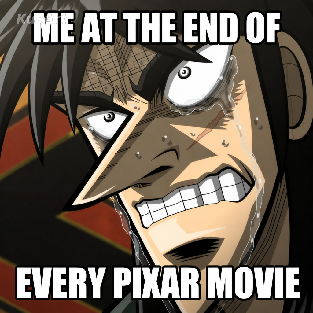 Weinender-Mann-Meme mit Bildunterschrift «ich am Ende / jedes Pixar-Films»
