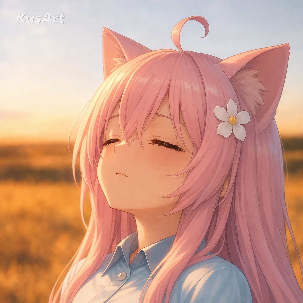 Dog accepting fate meme remade with an anime catgirl calmly closing her eyes in resignation