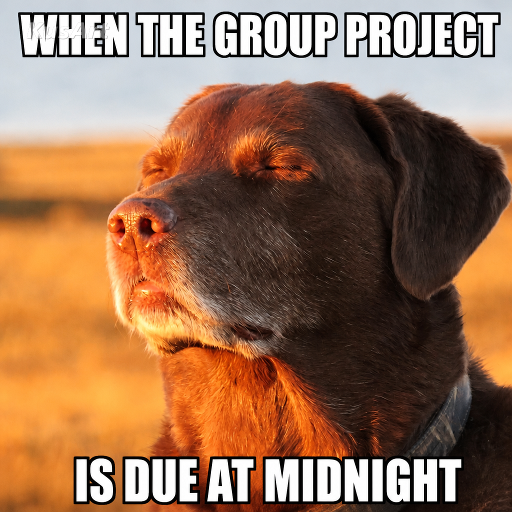 Dog accepting fate meme captioned 'when the group project / is due at midnight'
