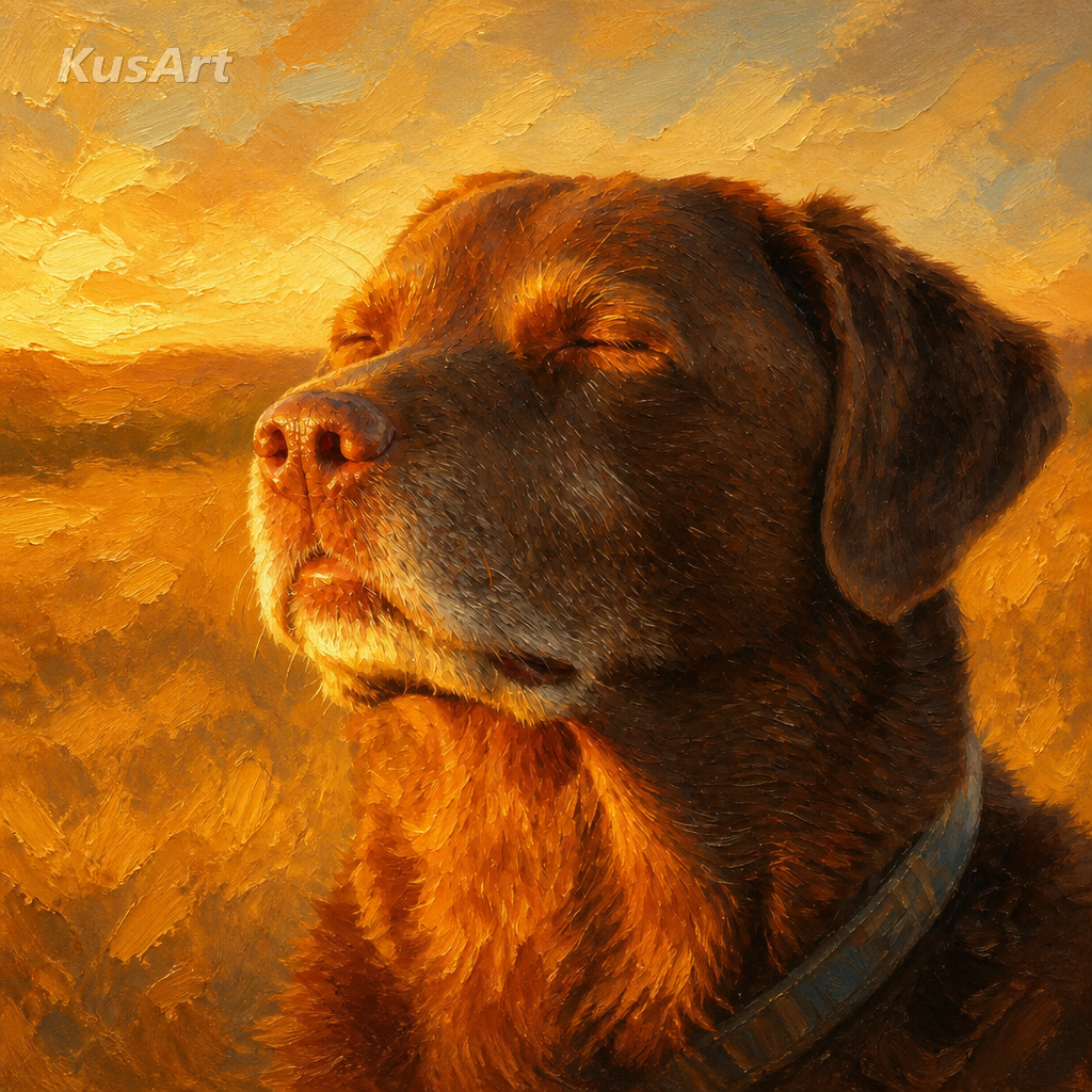 Dog accepting fate meme restyled as a warm golden-hour oil painting