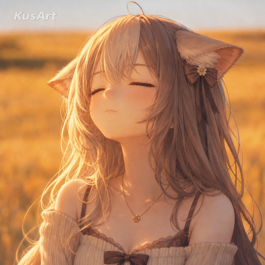 元のクックドドッグの夕日構図にアニメ猫娘を入れて作り直した目を閉じる犬ミーム