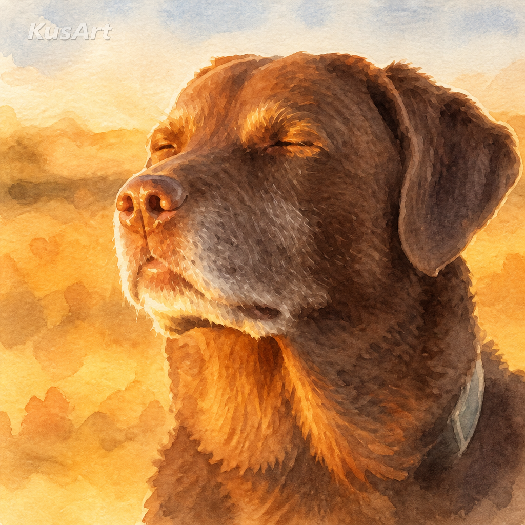 柔らかな水彩画として描き直された目を閉じる犬ミーム