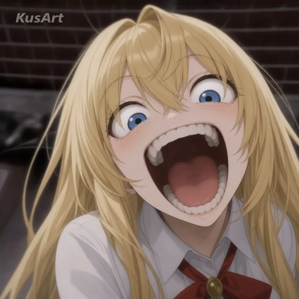 Lustiges Hunde-Meme neu erstellt mit einem Anime-Mädchen, das dasselbe alberne Grinsen mit offener Schnauze trägt