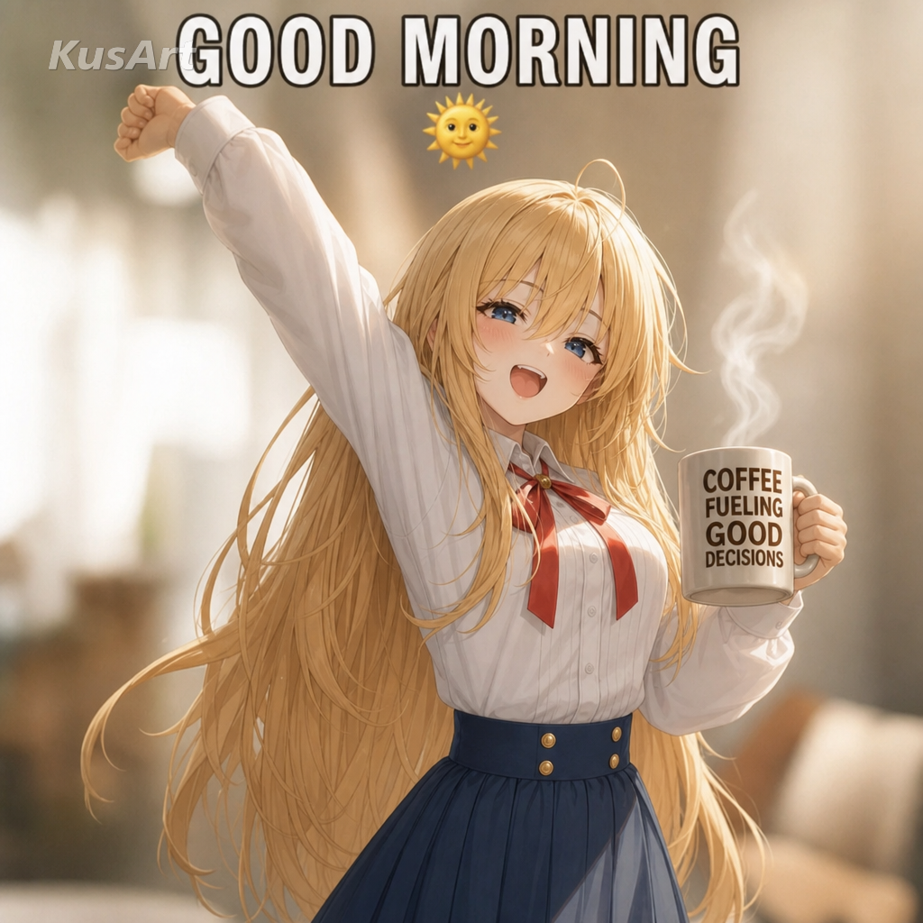 Mème bonjour recréé avec une fille d'anime qui s'étire avec un café dans un matin ensoleillé