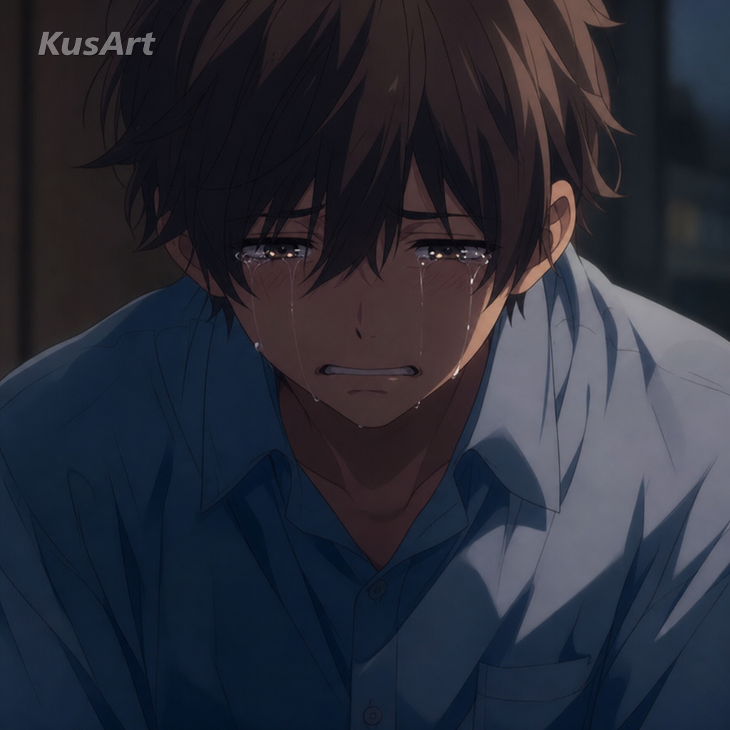 Meme do cara chorando recriado com um garoto de anime à beira das lágrimas