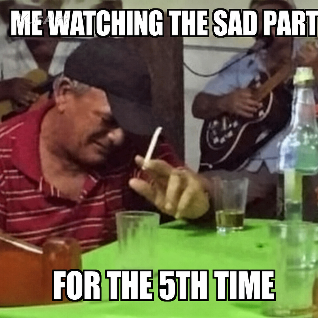 Meme do cara chorando legendado «eu assistindo à parte triste / pela 5ª vez»