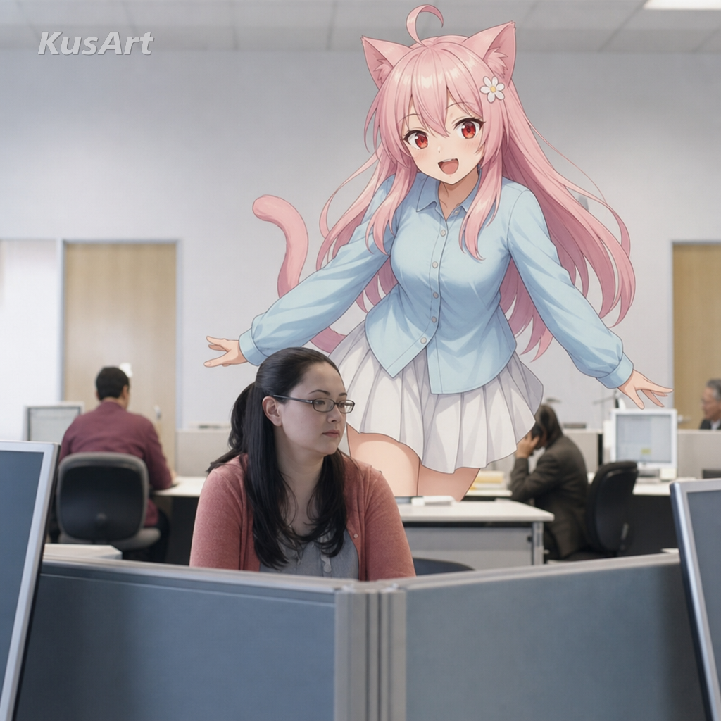 オフィスを練り歩く陽気なアニメ猫娘で作り直したハンプデーミーム