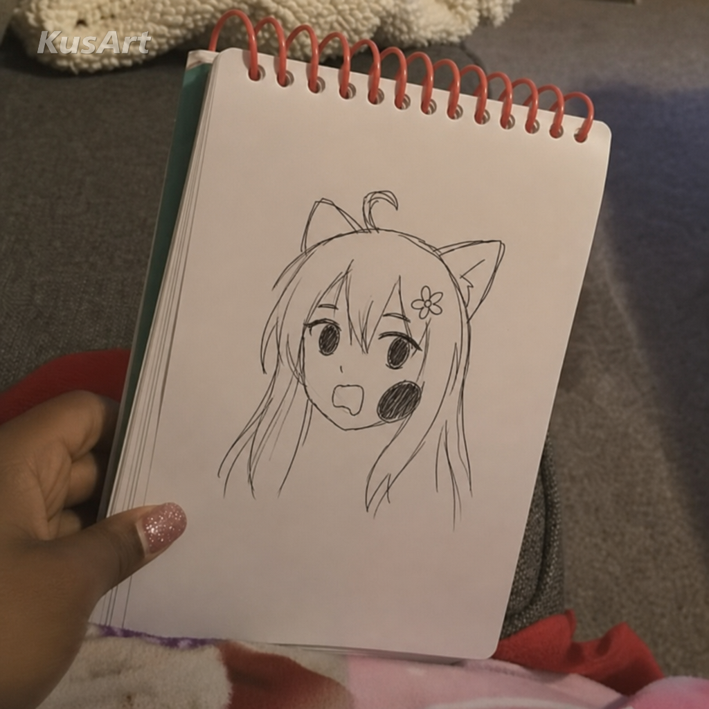 Mème de l'hyperpigmentation recréé en portrait grossier dessiné à la main d'une fille-chat d'anime avec un défaut évident