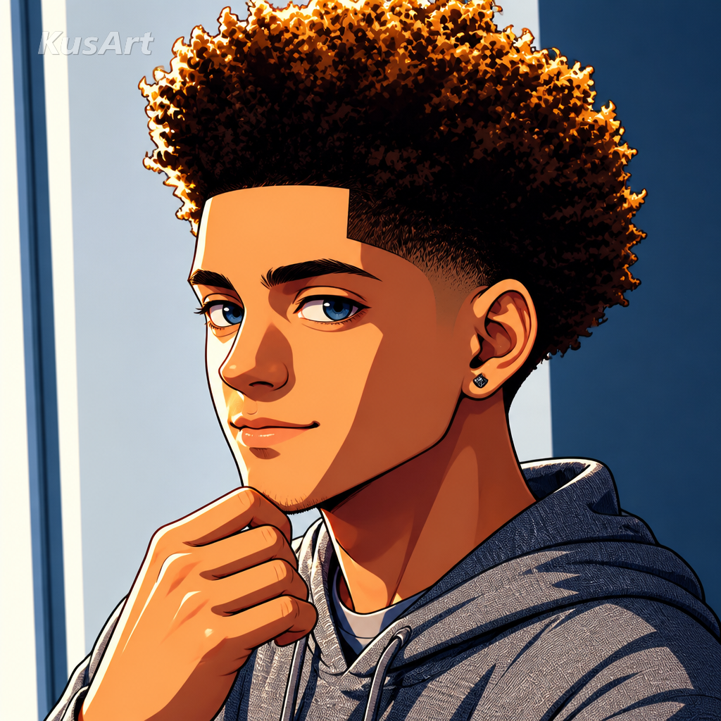 Mème low taper fade redessiné en illustration anime au cel shading éclatant