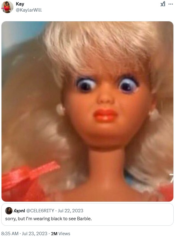 Disgusted Barbie-Meme, in einem Tweet als Reaktion mit Bildunterschrift verwendet