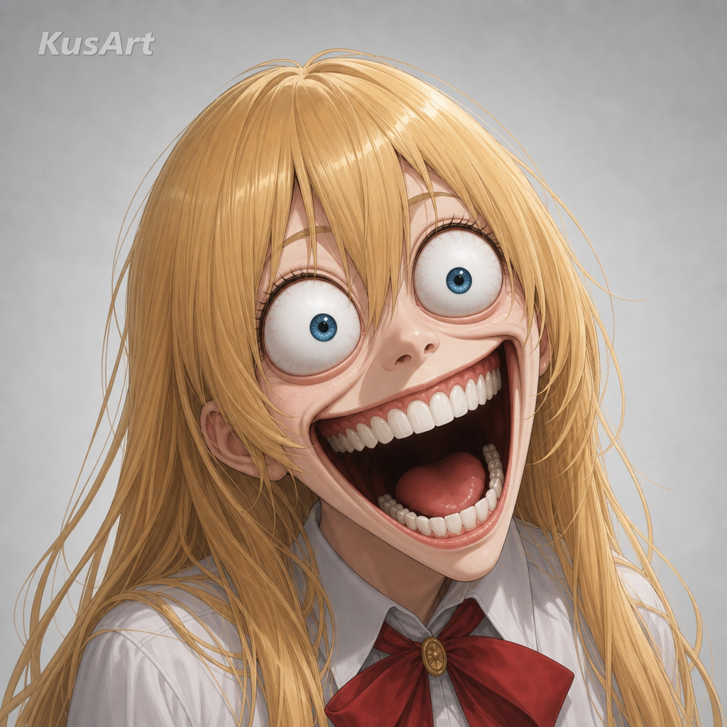 Têtes de mèmes recréées avec une fille d'anime faisant une large expression maniaque exagérée