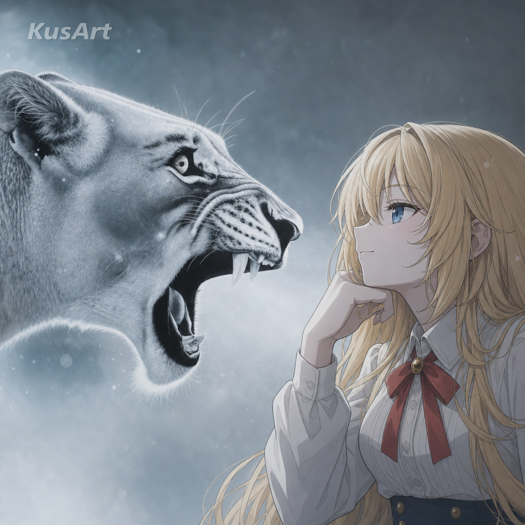 Affe-und-Löwe-Meme, neu erstellt mit einem Anime-Mädchen anstelle des ruhigen, unbeeindruckten Schimpansen