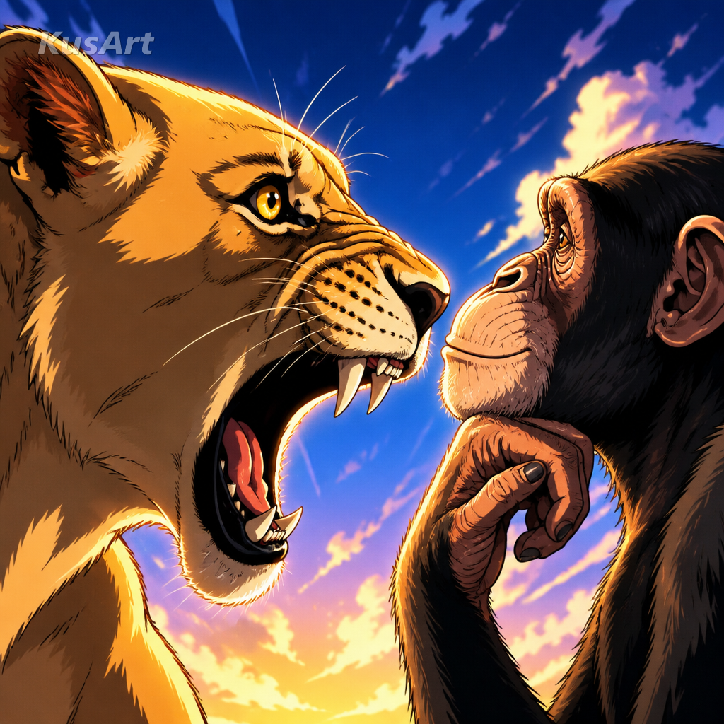 Affe-und-Löwe-Meme, neu gezeichnet als leuchtende Anime-Cel-Shading-Illustration