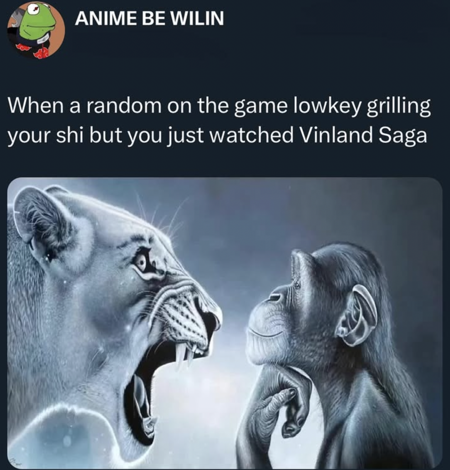 Affe-und-Löwe-Meme mit Bildunterschrift darüber, unbeeindruckt zu bleiben, während jemand in einem Spiel ausrastet