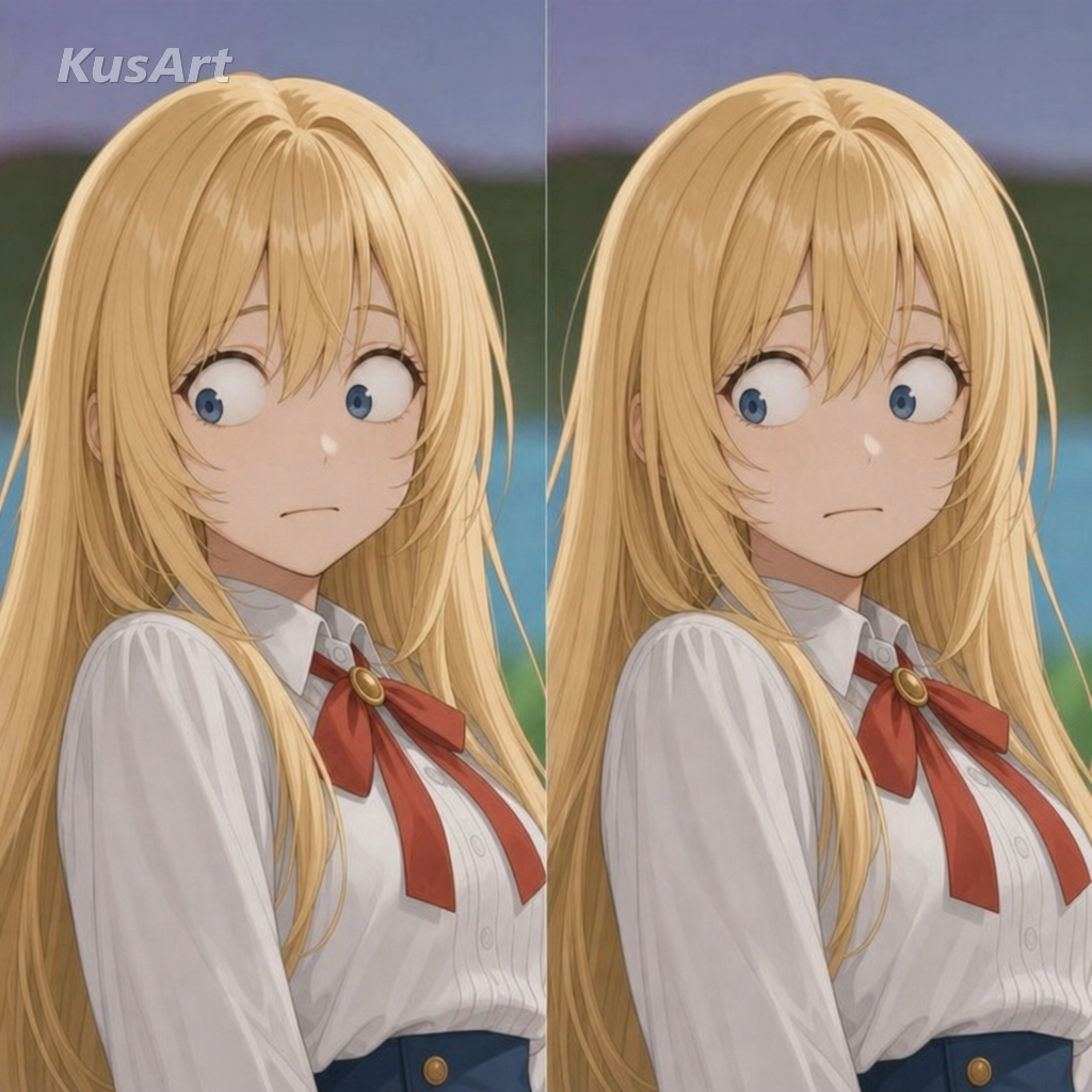 Monkey meme remade with an anime girl doing the awkward guilty side-eye glance